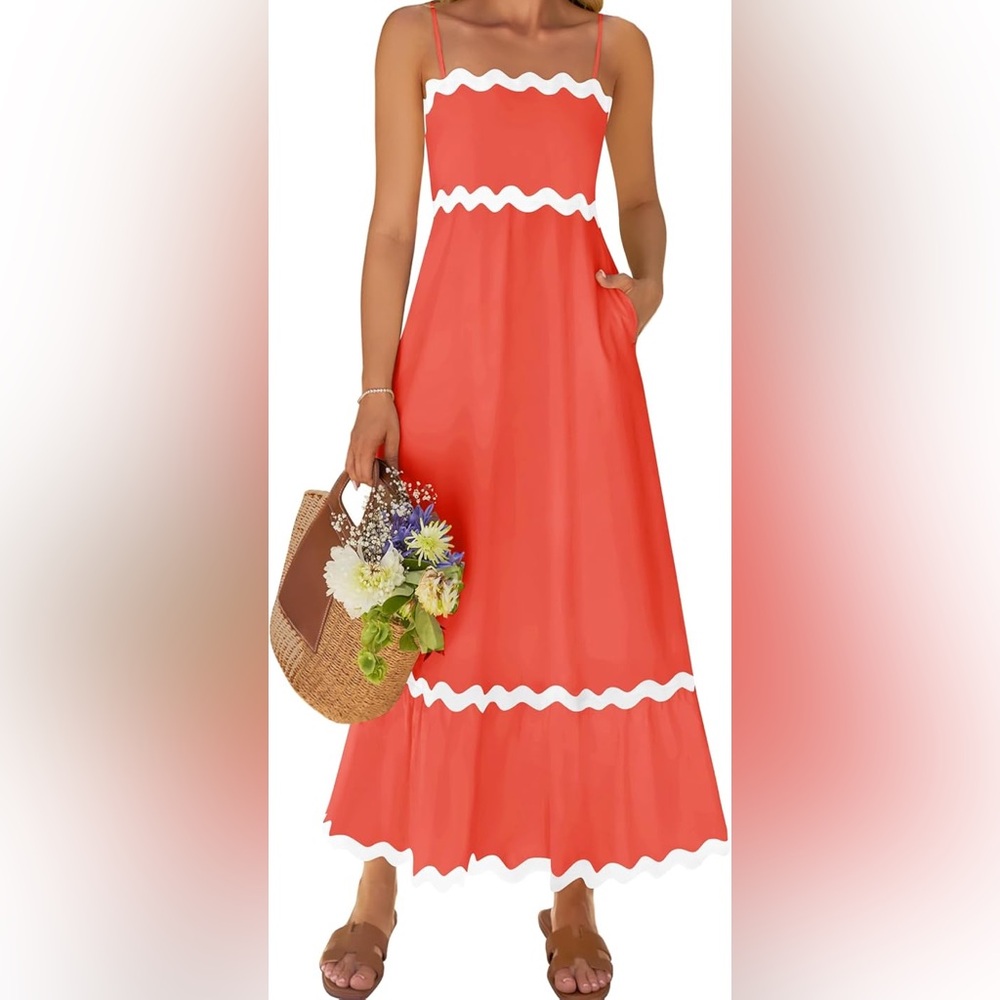 Elegant Coral Midi Dress with White Trim